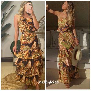 NWT ZARA LINEN BLEND RUFFLED PRINTED SKIRT 3146/228